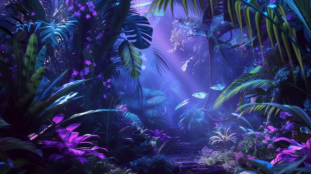 Visualize a lush tropical jungle scene where the foliage comes alive with iridescent glows of purple and blue AI Generative