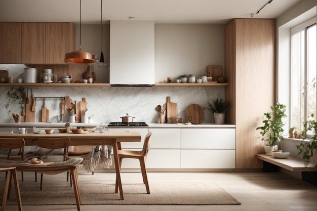 Visualize a minimalist kitchen with a Scandinavian influence and a mix of natural materials