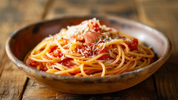 Visualize Pasta allAmatriciana in a rustic bowl with al dente spaghetti enrobed in a spicy savory tomato sauce speckled with crispy guanciale bits