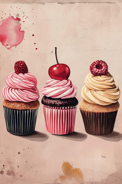 Photo visualize a postcard showcasing minimalistic illustrations of sweet treats and cupcakes