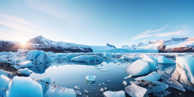 氷河の頂上に立っていることを想像してみてください 氷の青い色は 見える限り広がっています