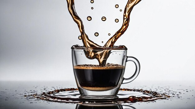 Visualize a stunning composition where a cup of coffee seems to float weightlessly with droplets of