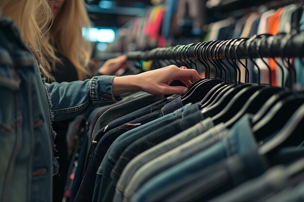 Photo visualize two women at a clothing rack with their hands