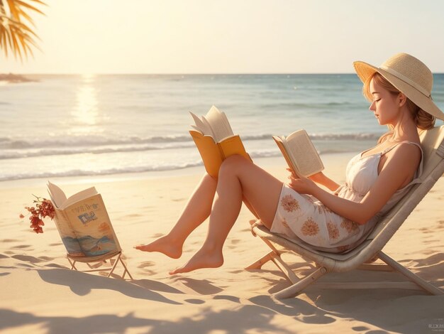 Photo visualize a woman sitting on a cozy beach chair