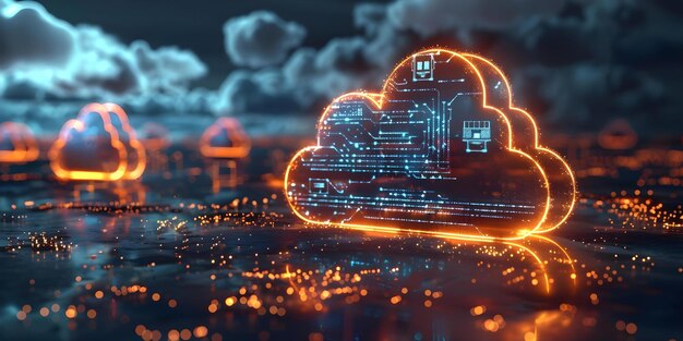 visualizing cloud computing interface with illuminated devices in a dark background concept cloud computing interface design illuminated devices dark background visualizations