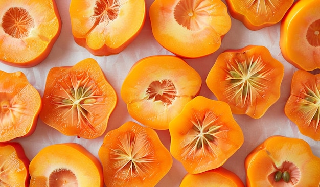 A visually appealing arrangement of sliced persimmons showcasing their unique orange hue against a pristine background