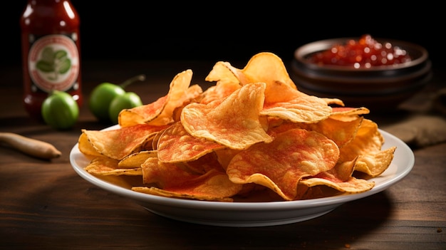 A visually appealing arrangement of sriracha flavored potato chips showcasing the spicy and flav