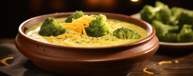 A visually appealing closeup shot of a creamy broccoli and cheddar soup in a rustic soup bowl The vibrant green flecks of the steamed broccoli stand out against the melted golden cheese