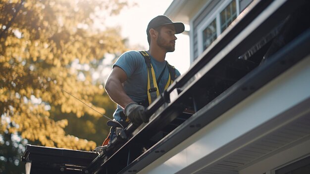 Photo a visually appealing shot of a handyman cleaning gutters