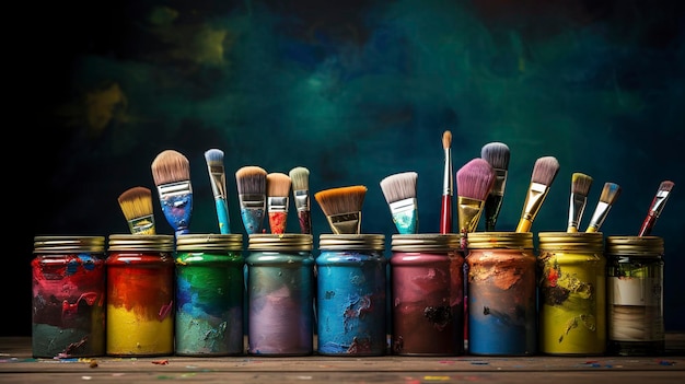 A visually appealing shot of paint brushes and colorful paint cans