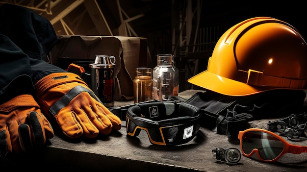 A visually appealing shot of safety gear like gloves goggles and hard hats