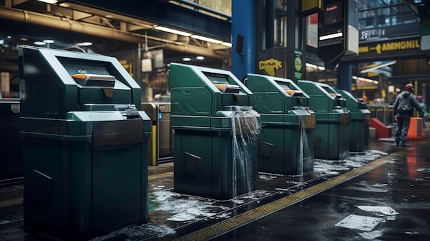 A visually appealing shot of trash cans being cleaned and sanitized