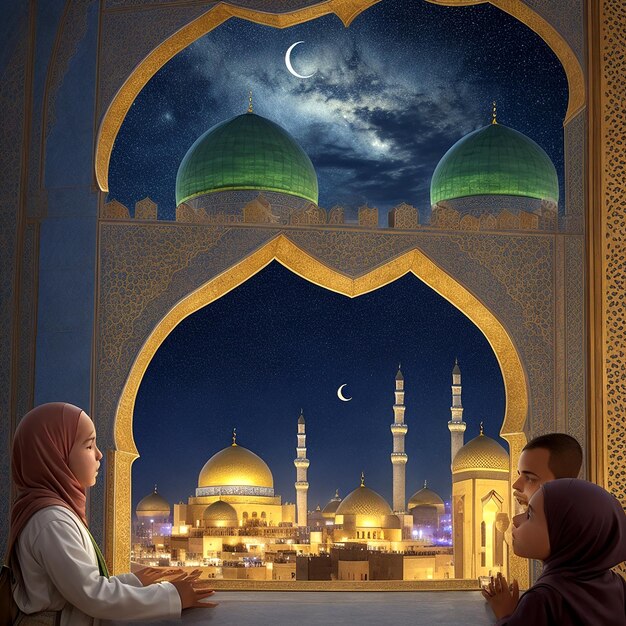 A visually descriptive and detailed depiction of a Ramadan Kareem greeting AI_Generated