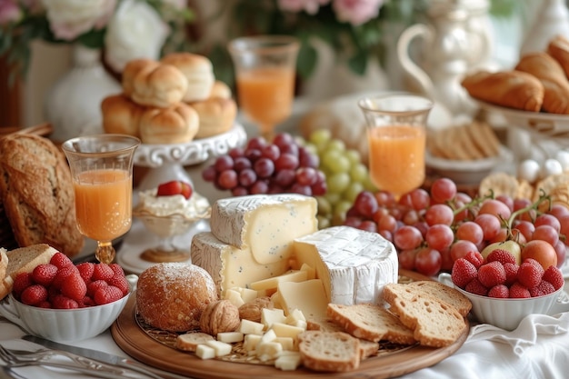 A visually diverse and appetizing assortment of breakfast foods arranged on an elegant table setting