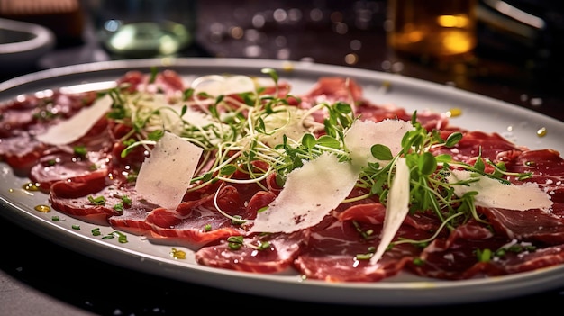 Visually enticing arrangement of thinly sliced raw beef carpaccio garnished with herbs olive oil