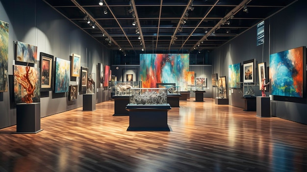 A visually enticing shot of an art exhibition with various creative works on display