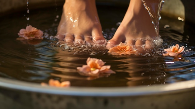 Foto uno scatto visivamente allettante di piedi immersi in un pediluvio termale