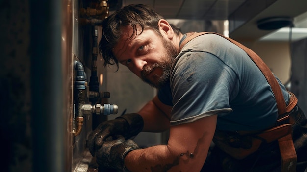 A visually enticing shot of a handyman fixing a leaky pipe