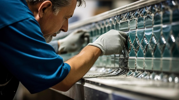 A visually enticing shot of a handyman tiling a kitchen backsplash