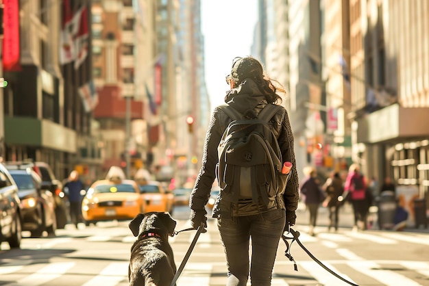 Женщина с нарушениями зрения ориентируется по оживленной городской улице с помощью своей собаки-поводыря.