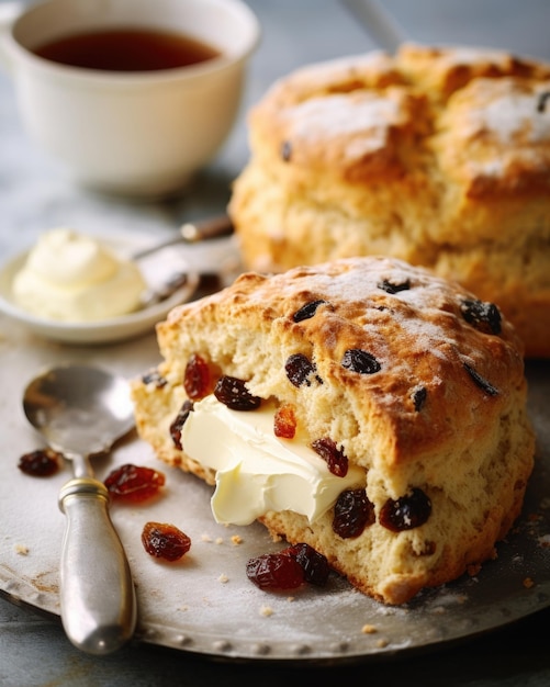 Photo a visually pleasing capture of a traditional english scone split in half revealing its fluffy interior dotted with plump juicy raisins a small dish of clotted cream and strawberry jam