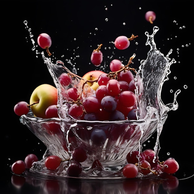 Visually striking composition featuring a bunch of grapes being dipped into a bowl of water