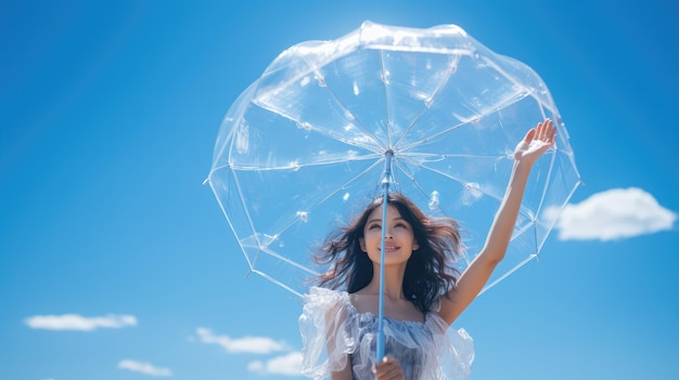 투명한 우산을 들고 있는 사람의 시각적으로 인상적인 이미지