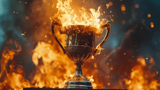 A visually striking image of a winners trophy enveloped in flames set against a blurred background This dynamic composition symbolizes victory and passion AI Generative
