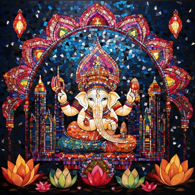 Фото Визуально яркая мозаика, изображающая божественные ритуалы различных религиозных церемоний.