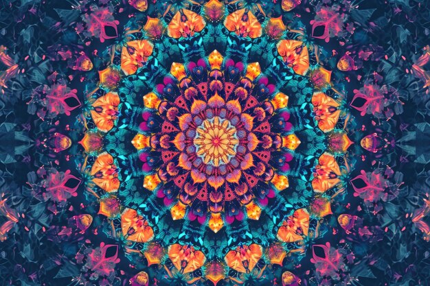 A visually striking photo showcasing a vibrant kaleii pattern against a backdrop of vivid blue An abstract kaleidoscope pattern filling the entire background AI Generated