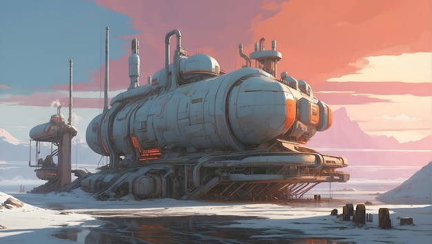 A visually stunning composition depicting a thermal power plant in a futuristic setting