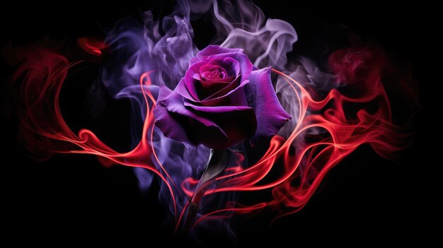 A visually stunning composition with a purple rose encased in red smoke on a dark backdrop