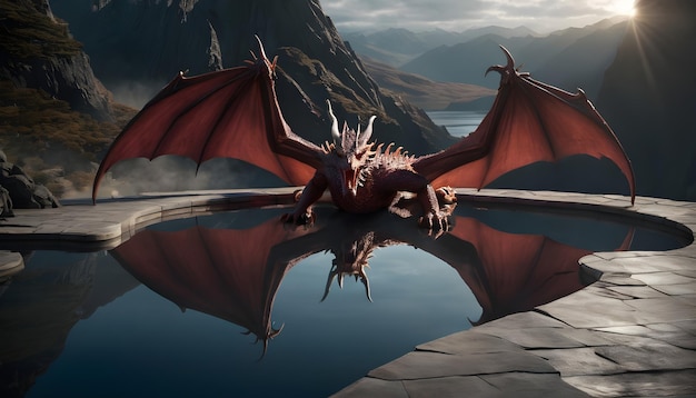 визуально ошеломляющая сцена отражения драконов в бассейне воды