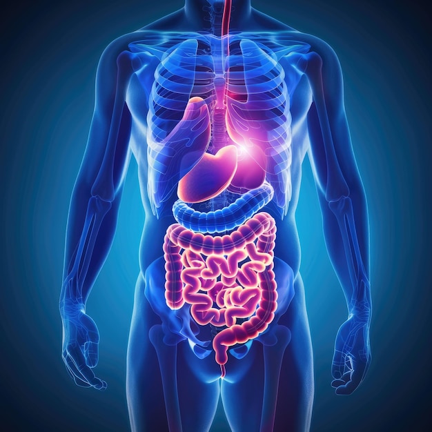 Visuele demonstratie van het spijsverteringskanaal darm maag kleine darm twaalfvingerige darm die kwesties zoals ziekte pijn en voeding illustreert die het belang van gastro-intestinale gezondheid benadrukt