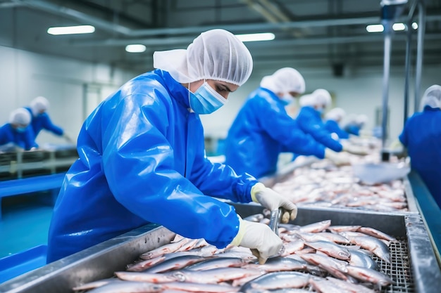 Visverwerkingsfabriek Productielijn Mensen sorteren de vis die langs de transportband beweegt Sorteren en bereiden van vis Productie van ingeblikte vis moderne voedingsindustrie