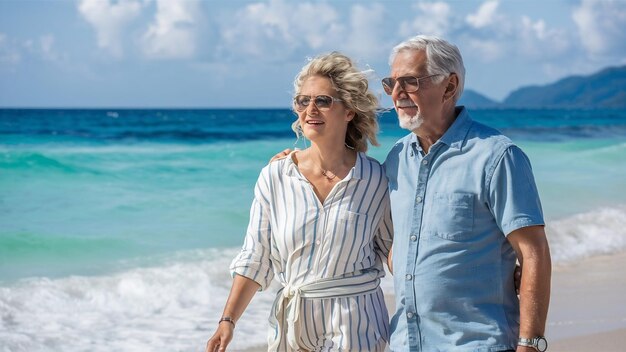 Vital senioren op het strand senior echtpaar in het strand pensioen en zomervakantie concept