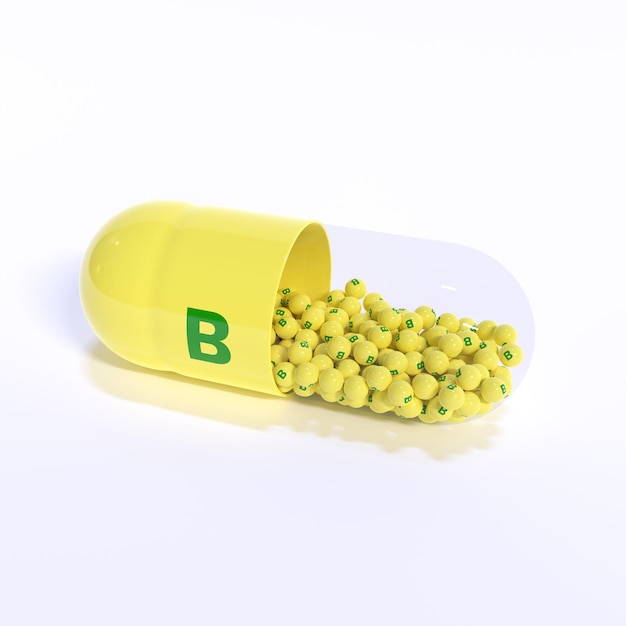 Vitamin B With Yellow Capsule Granules and White Background