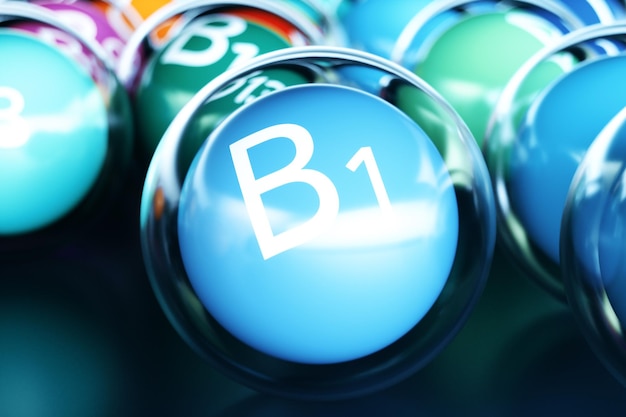 Vitamin B1, on black background. Symbol of health and longevity, 3d rendering