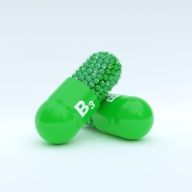 Photo vitamin b3 with green capsule granules and white background