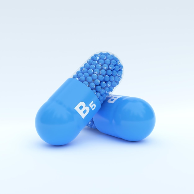 Vitamin B5 With Blue Capsule Granules and White Background