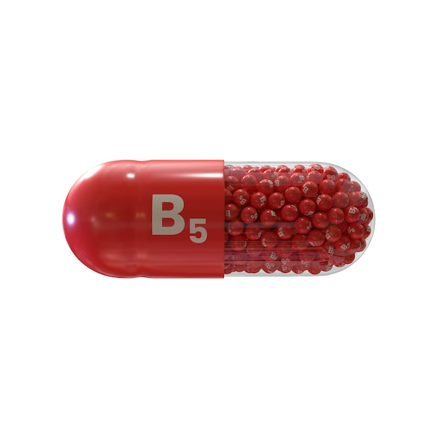 Vitamin B5 With Red Capsule Granules and White Background