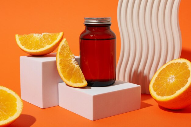 Foto flacone di biosupplemento di vitamina c su sfondo chiaro