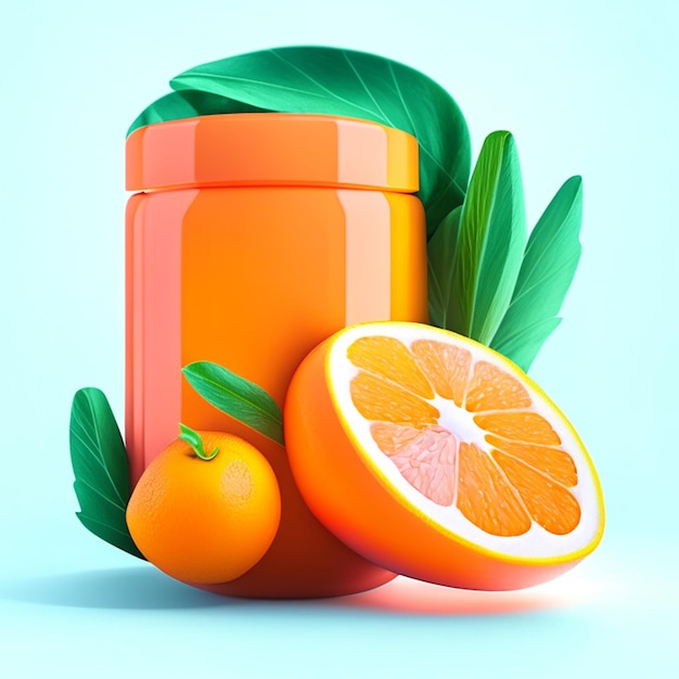 vitamin c in colorful plastic container and oranges with green leaves on white background