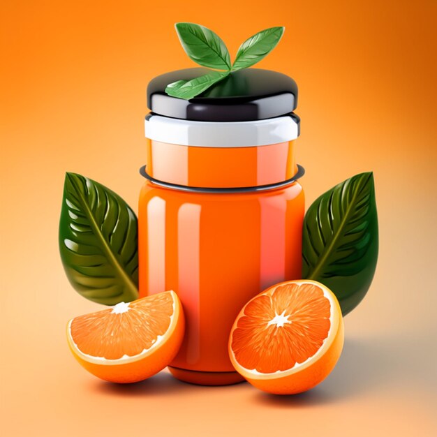 Photo vitamin c in colorful plastic container and oranges with green leaves on white background