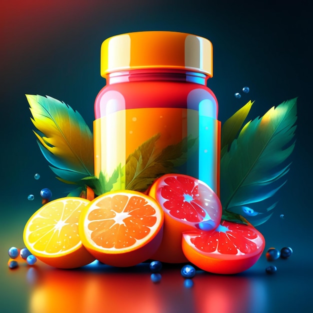 Foto vitamina c in contenitore di plastica colorato e arance con foglie verdi su sfondo bianco