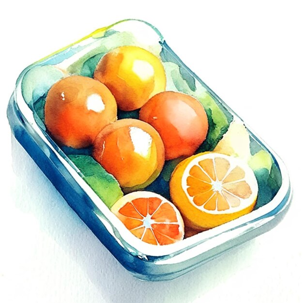 vitamin c in colorful plastic container and oranges with green leaves on white background