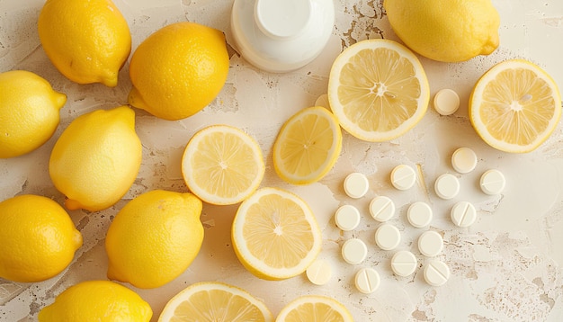 Vitamin C effervescent tablets and lemons on beige grunge table