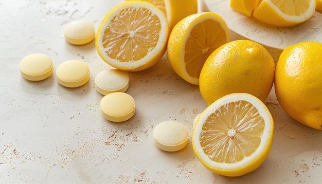 Vitamin C effervescent tablets and lemons on beige grunge table