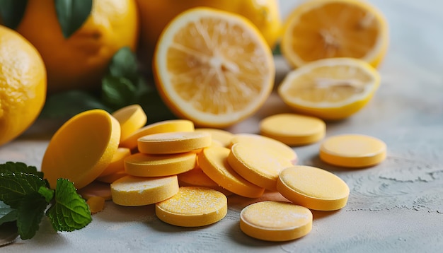 Photo vitamin c effervescent tablets and lemons on beige grunge table