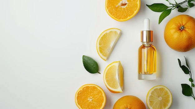 Vitamin C serum bottle with oranges on white background Beauty treatment concept